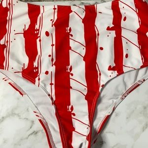 Red and white paint splatter stripes swim bottoms